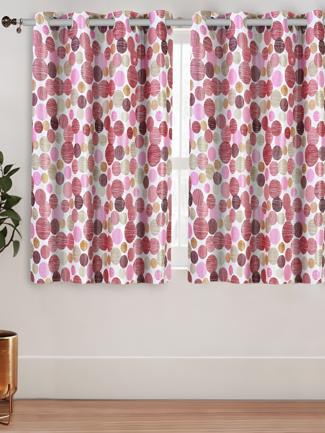 

Aura Pink & White 2 Pieces Polka Dots Printed Window Curtains