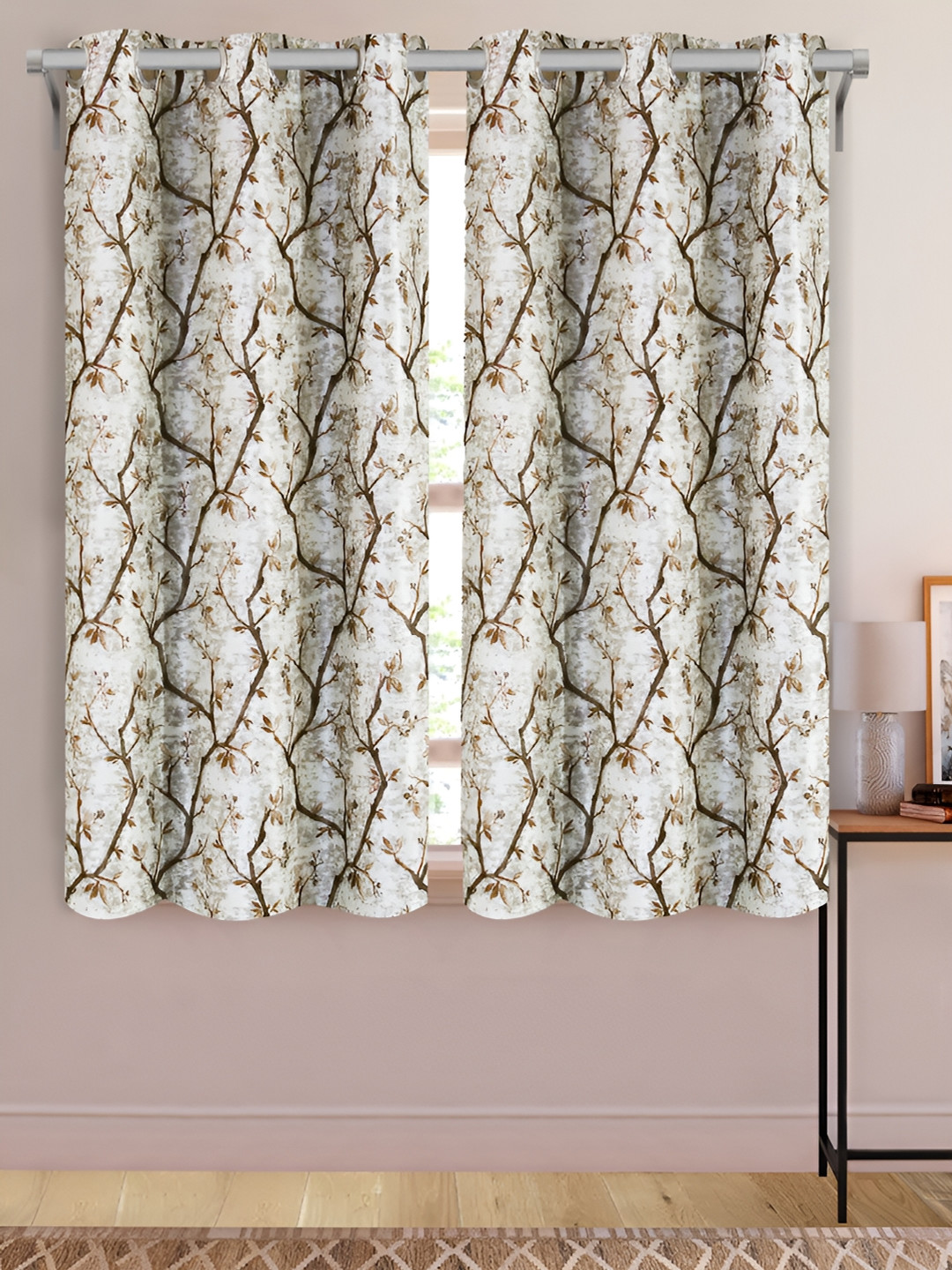 

Aura Brown & Cream Coloured 2 Pieces Floral Print Room Darkening Window Curtains