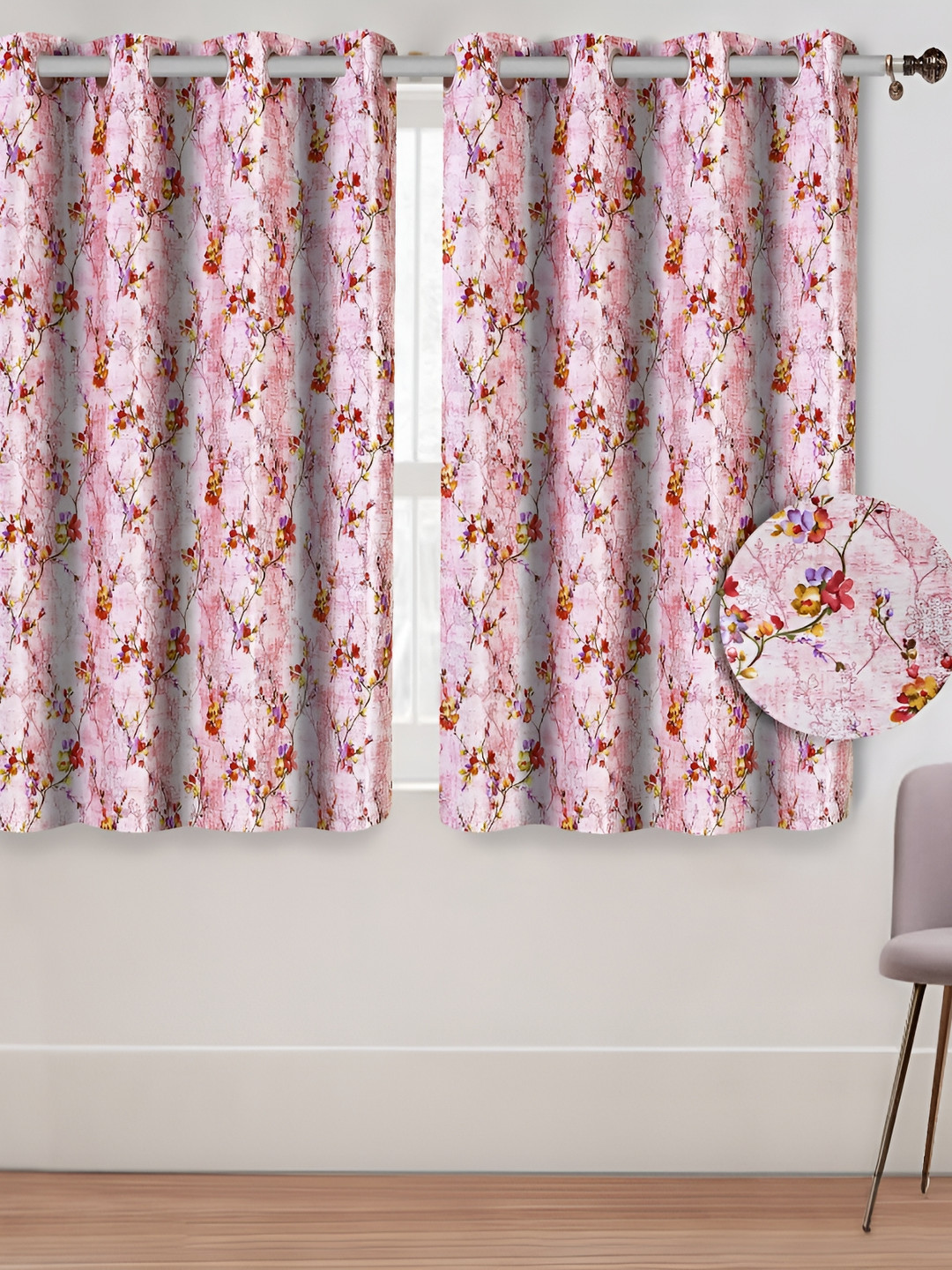 

Aura Pink & White 2 Pieces Floral Printed Room Darkening Window Curtains
