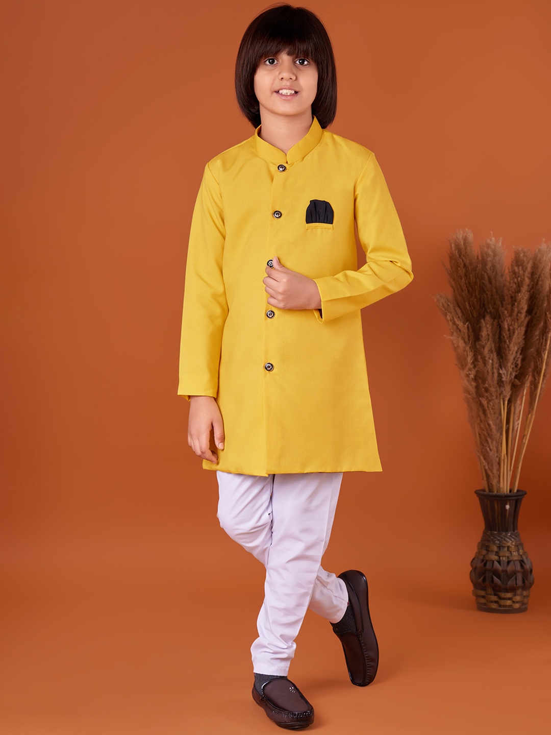

BAESD Boys Mandarin Collar Regular Straight Kurta with Pyjamas, Yellow