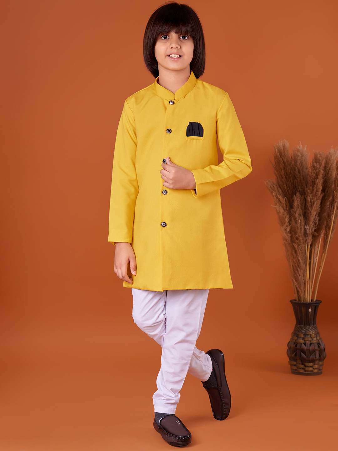 

BAESD Boys Mandarin Collar Regular Straight Kurta with Pyjamas, Yellow