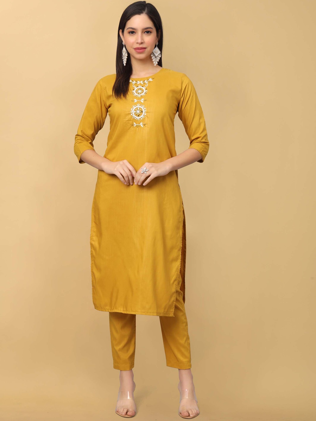 

Punrwa Floral Yoke Design Round Neck Thread Work Kurta with Trousers, Mustard