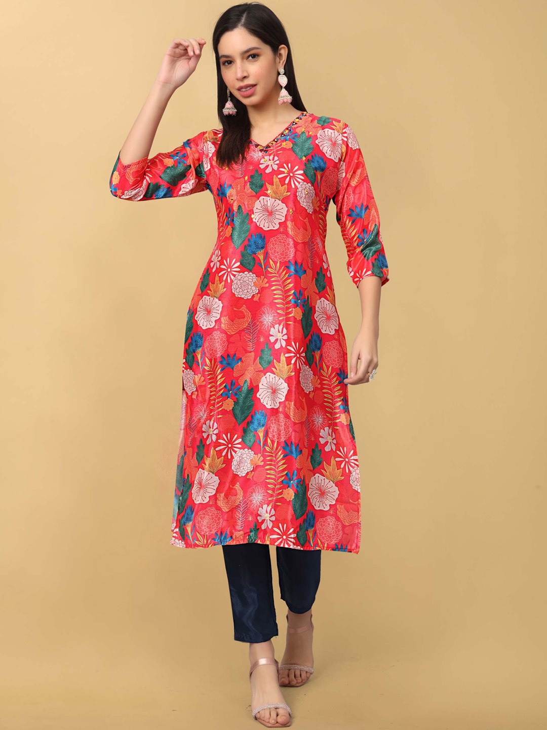 

Punrwa Floral Printed V-Neck Mirror Work Kurta with Trousers, Red