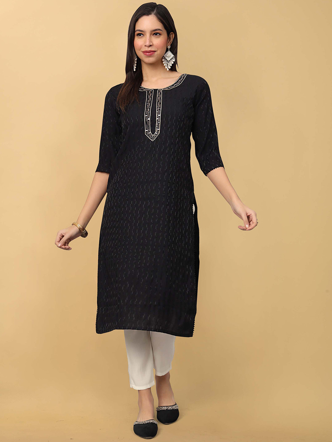 

Punrwa Ethnic Motifs Embroidered Round Neck Thread Work Raw Silk Kurta Trousers & Dupatta, Black