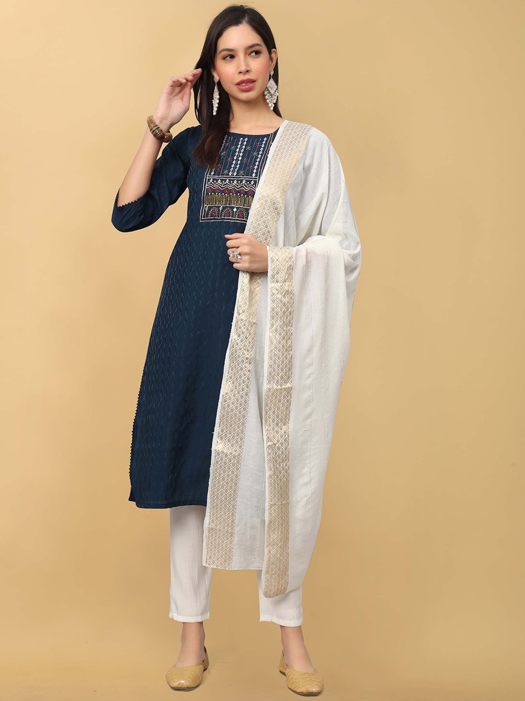 

Punrwa Floral Printed Yoke Design Round Neck Kantha Work Raw Silk Kurta Trousers & Dupatta, Blue