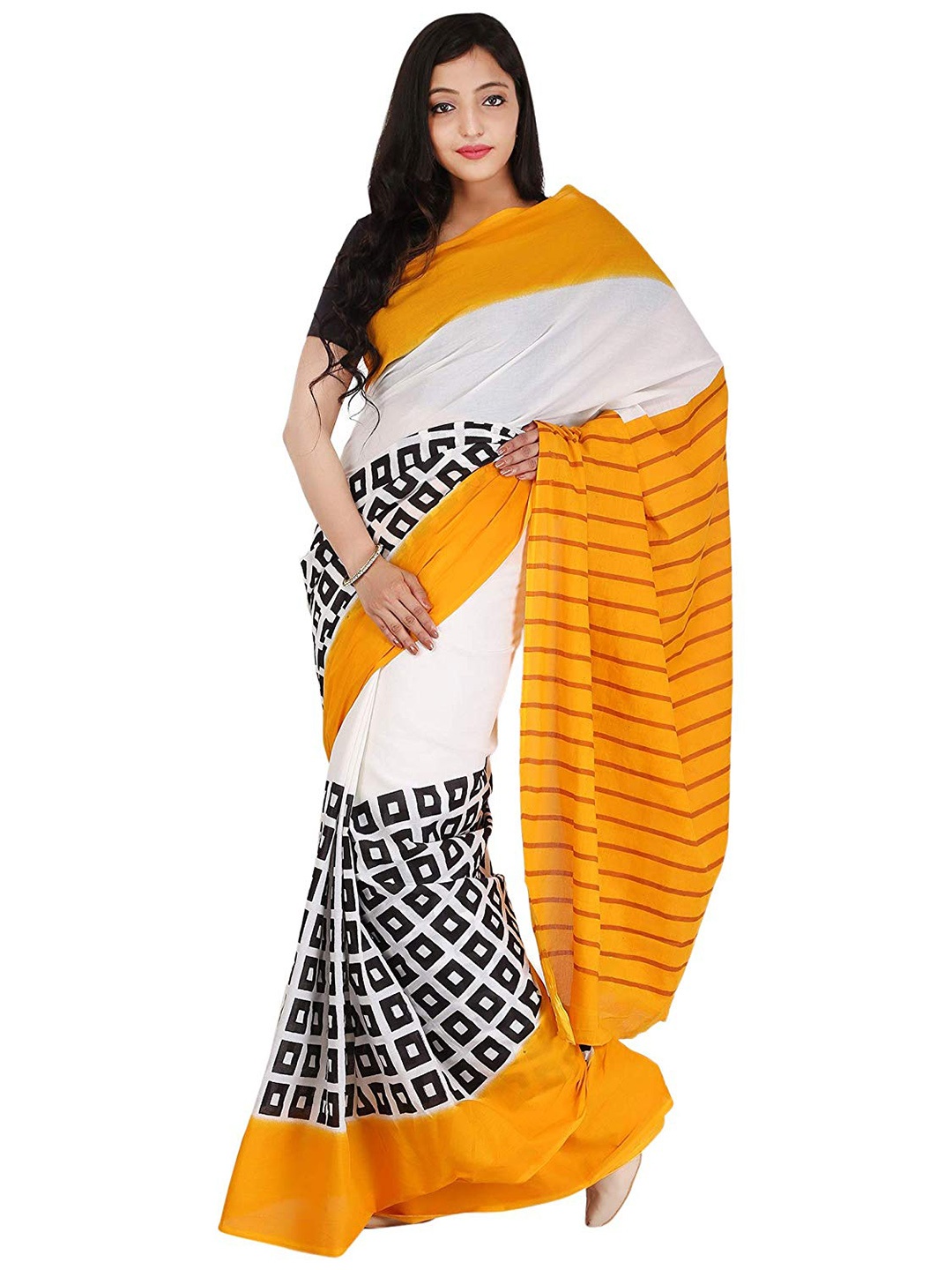 

Sanganeri Print Geometric Pure Cotton Bagru Saree, Orange