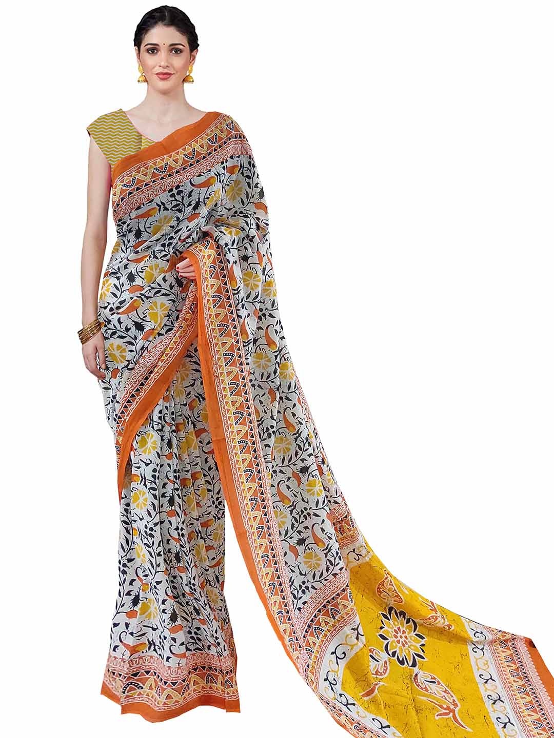 

Sanganeri Print Floral Pure Cotton Bagru Saree, White