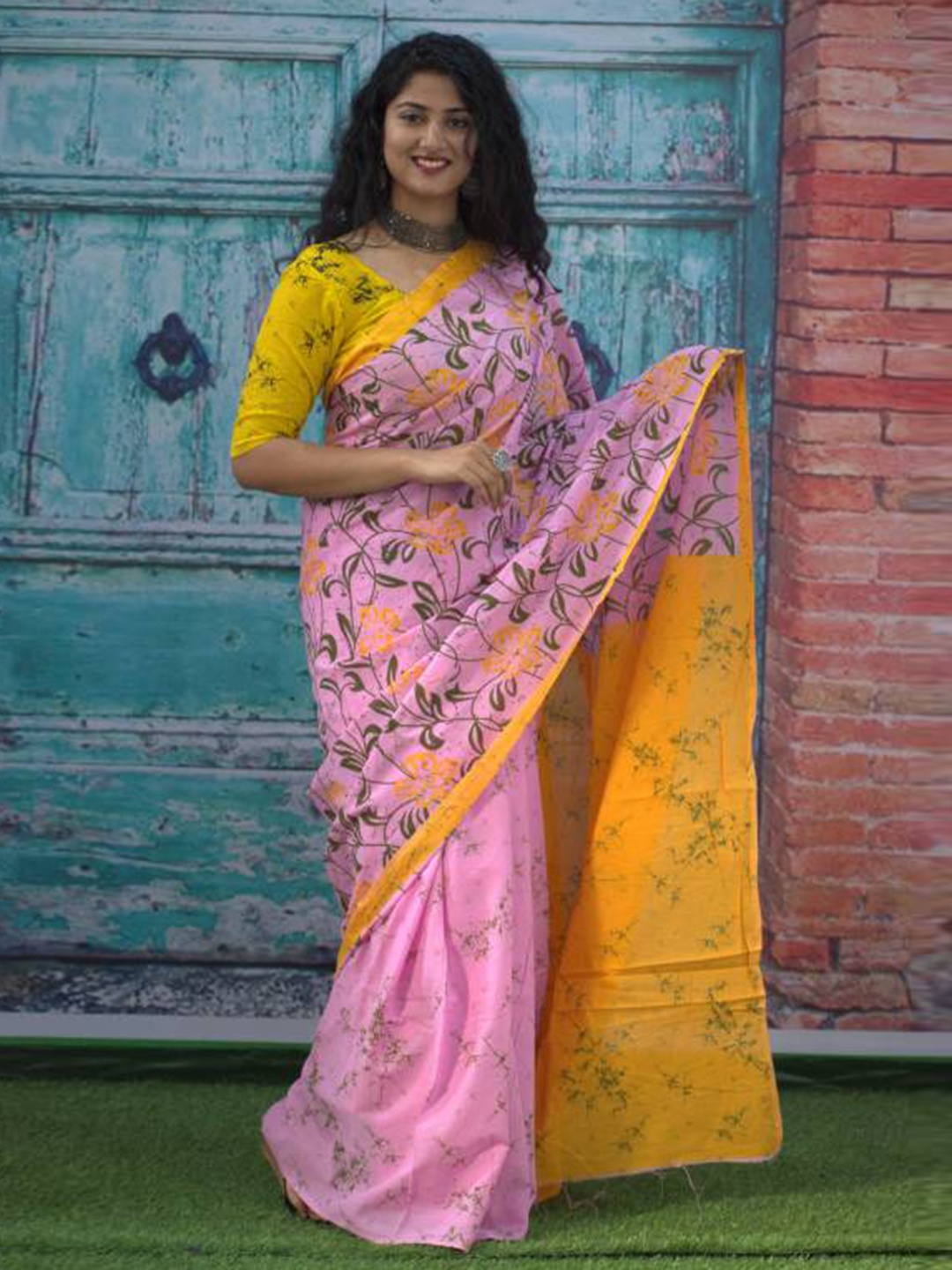 

Sanganeri Print Floral Pure Cotton Block Print Saree, Pink