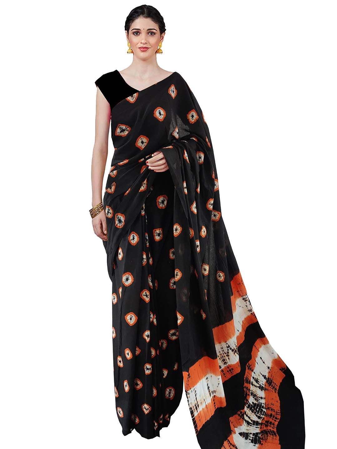 

Sanganeri Print Bandhani Pure Cotton Ikat Saree, Black