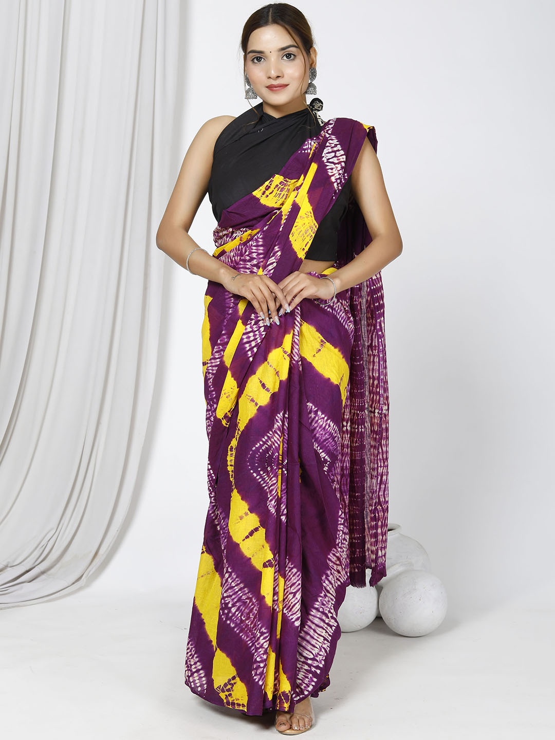 

Sanganeri Print Tie and Dye Pure Cotton Block Printed Saree, Purple