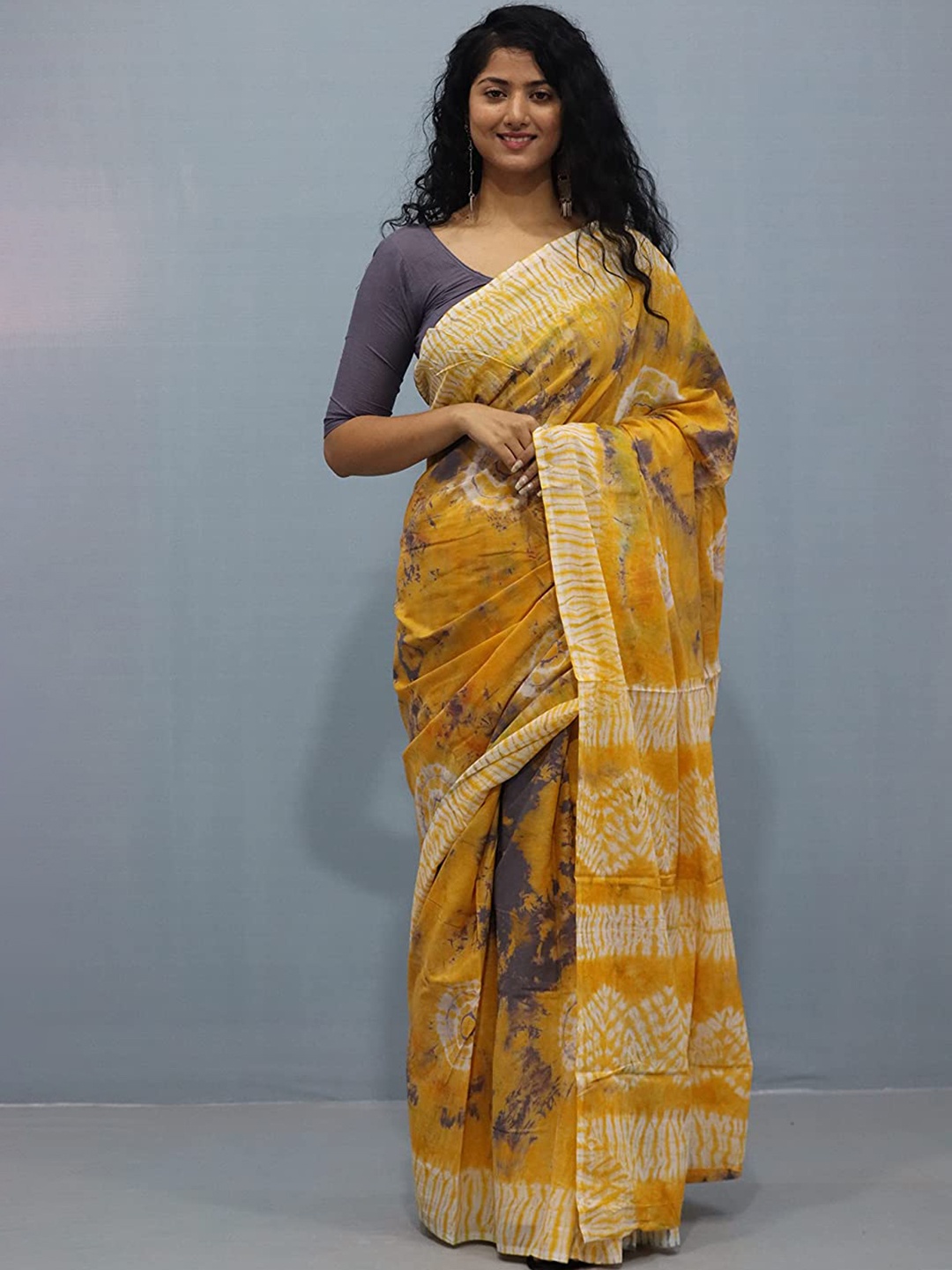 

Sanganeri Printed Tie and Dye Pure Cotton Ikat Saree, Brown