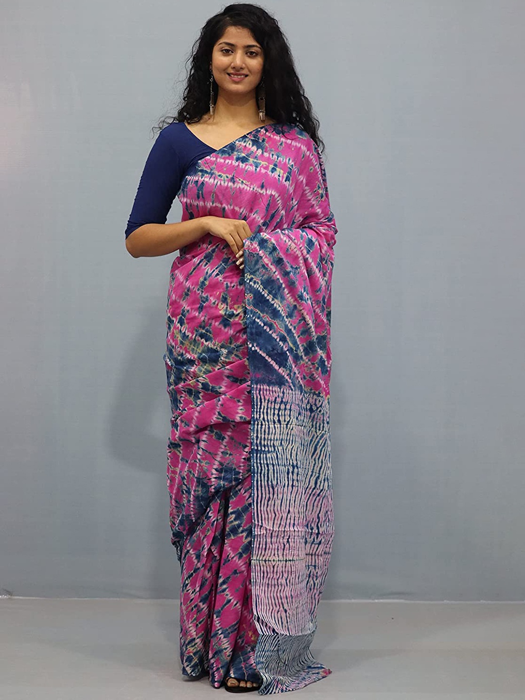 

Sanganeri Printed Tie and Dye Pure Cotton Saree, Pink