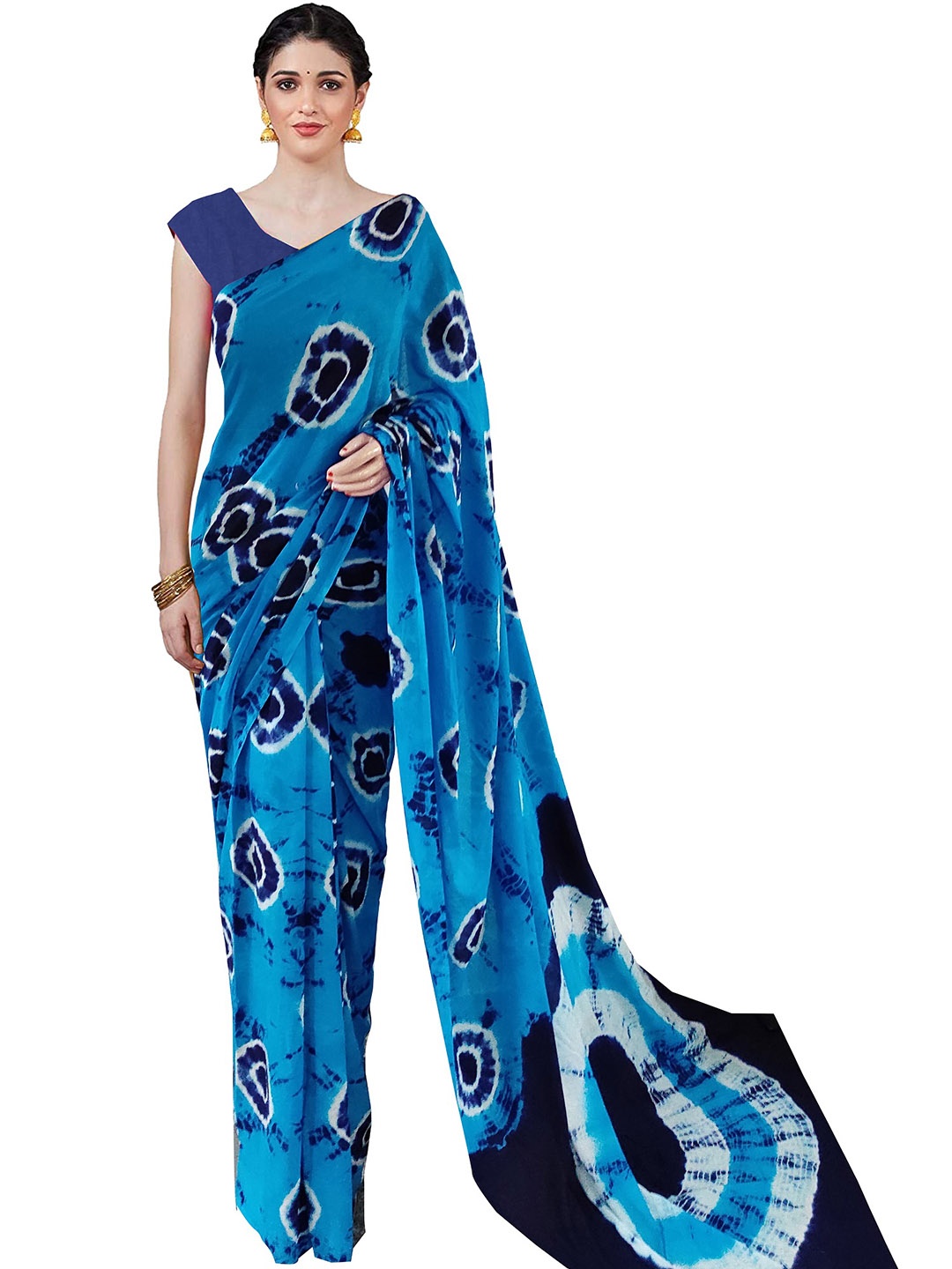 

Sanganeri Printed Tie and Dye Pure Cotton Ikat Saree, Blue