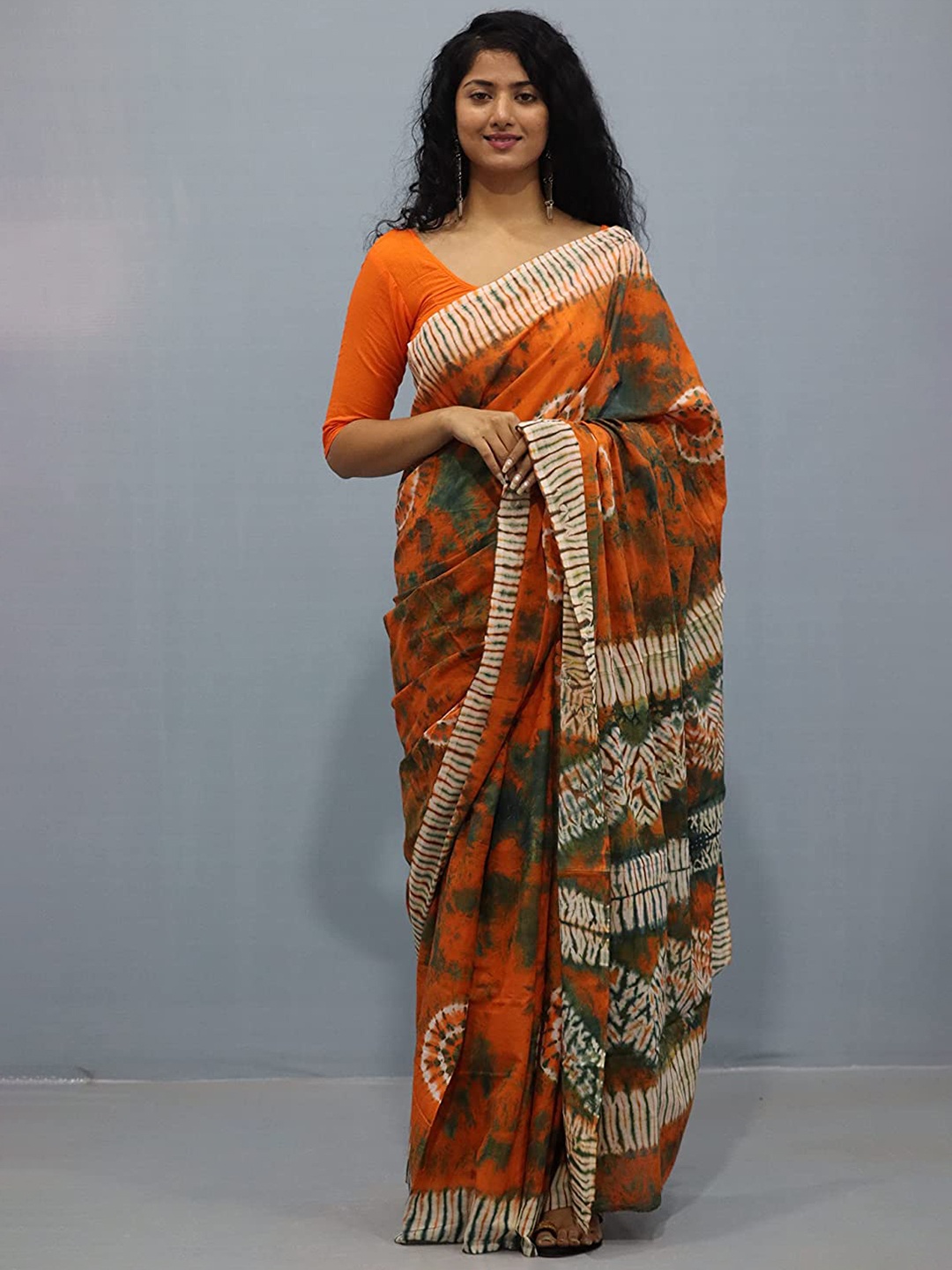 

Sanganeri Printed Tie and Dye Pure Cotton Saree, Brown