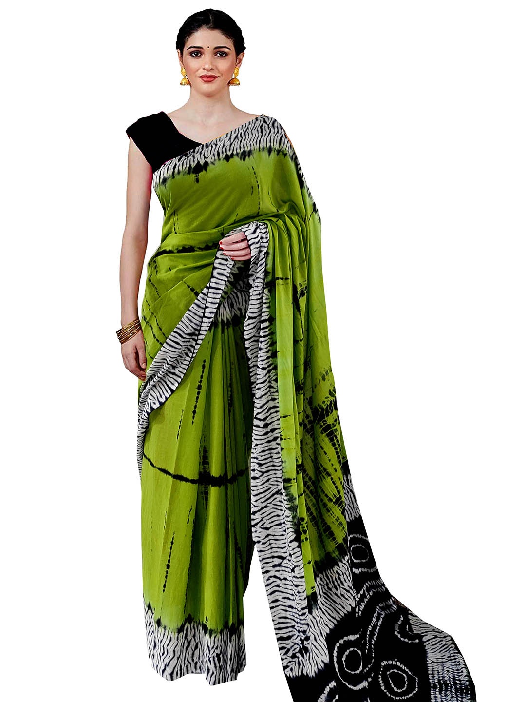 

Sanganeri Printed Tie and Dye Pure Cotton Saree, Green