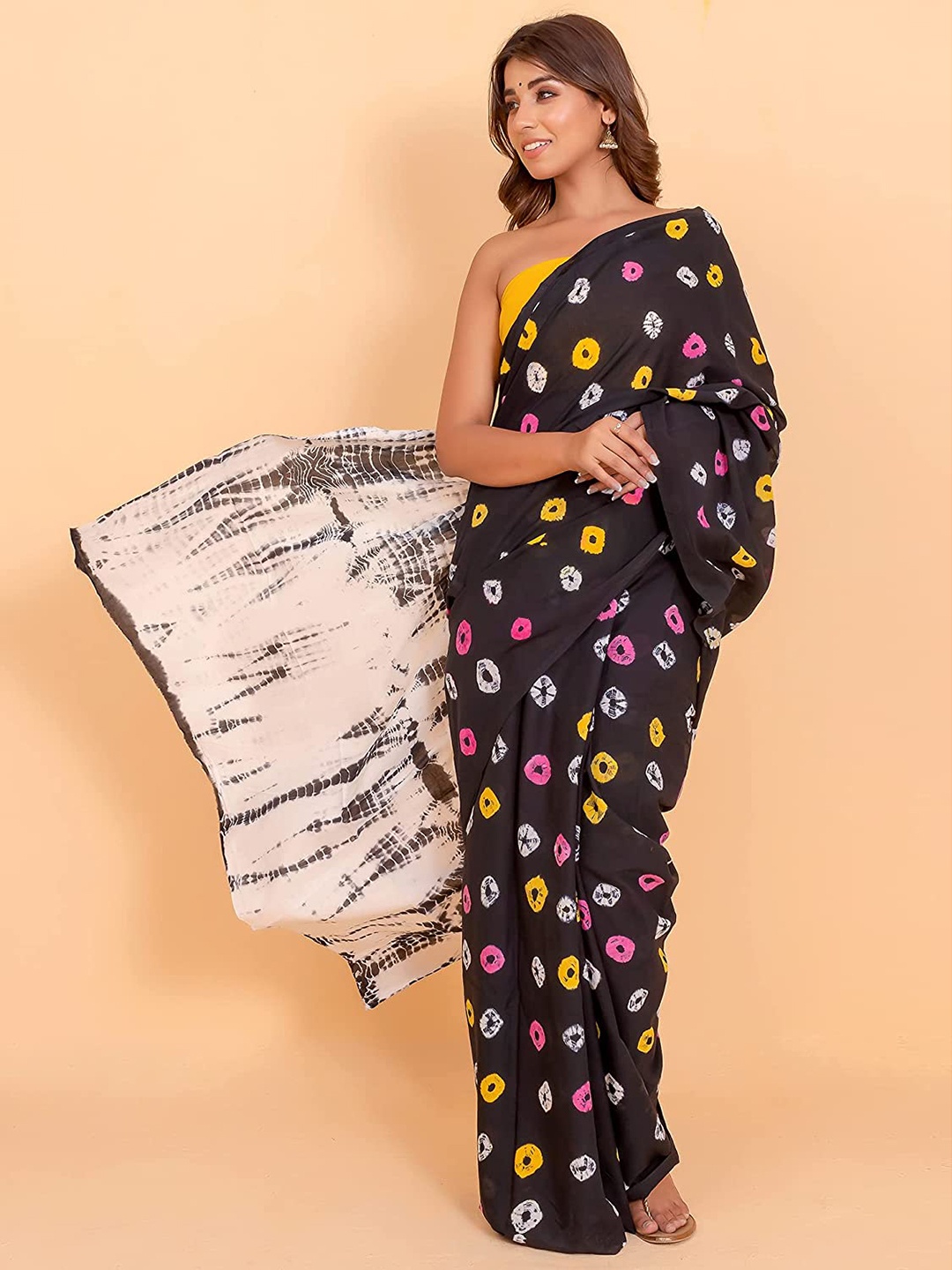 

Sanganeri Printed Bandhani Pure Cotton Saree, Black