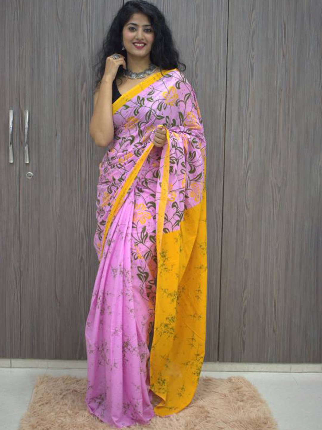 

Sanganeri Print Floral Mulmul Cotton Block Print Saree, Pink