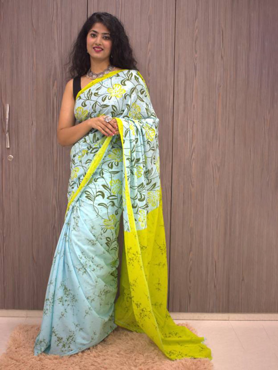 

Sanganeri Print Floral Mulmul Cotton Block Print Saree, Turquoise blue