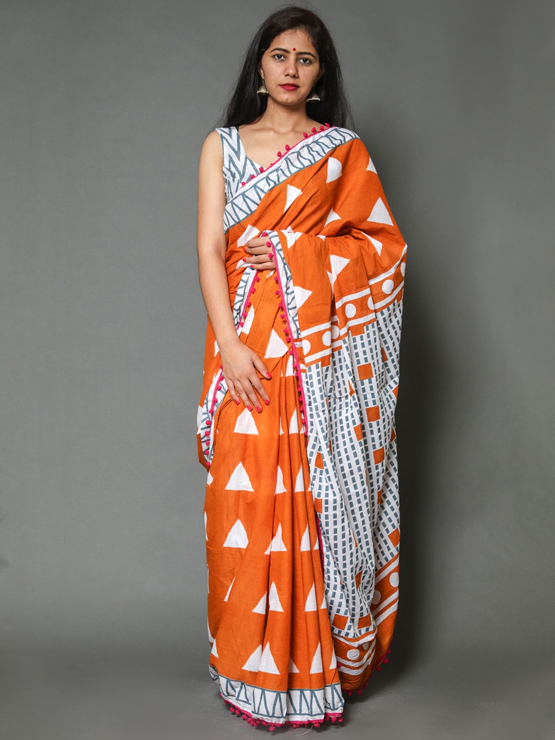 

Sanganeri Print Geometric Pure Cotton Bagru Saree, Orange