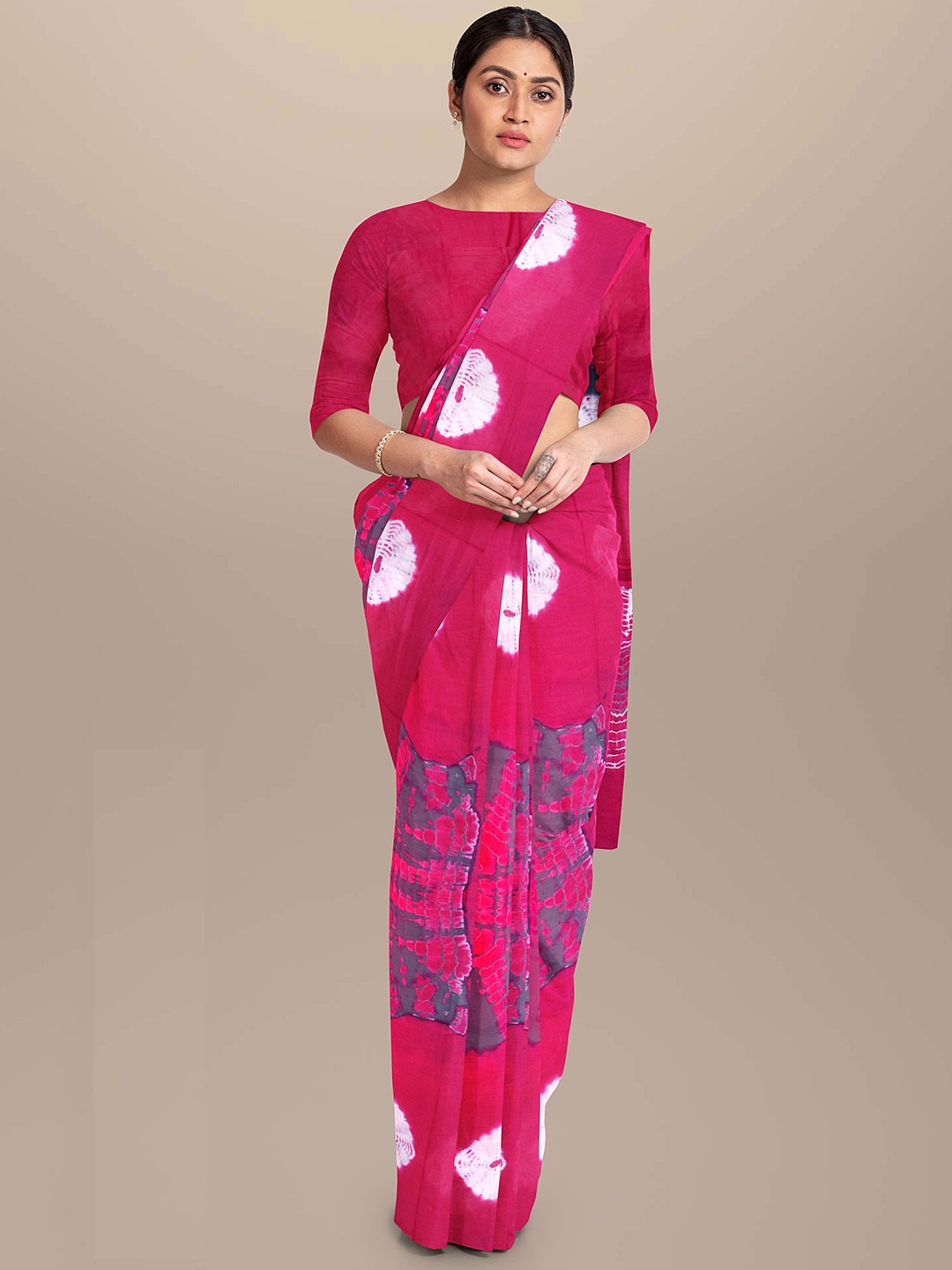 

Sanganeri Print Tie And Dye Pure Cotton Bandhani Saree, Pink