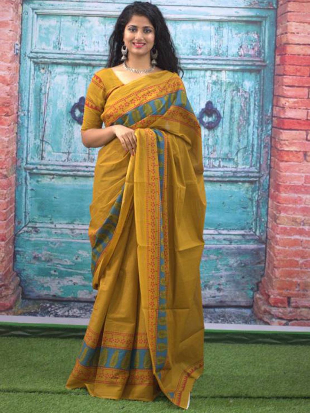 

Sanganeri Print Pure Cotton Block Printed Bagru Saree, Mustard