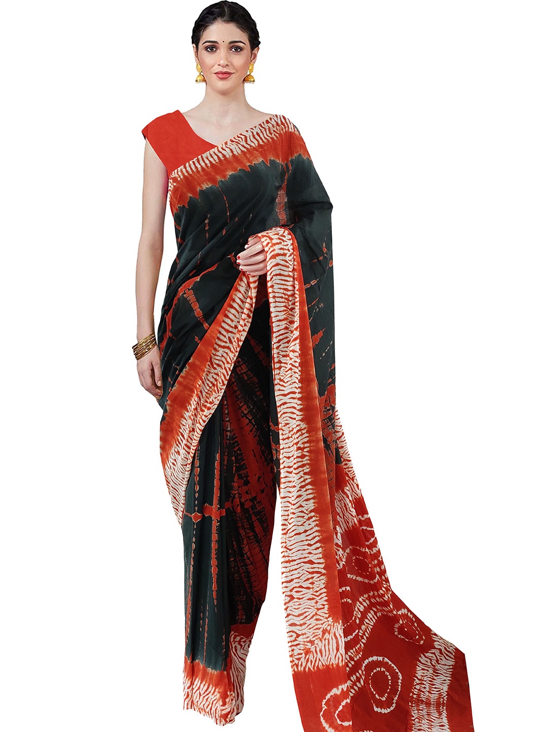 

Sanganeri Print Tie And Dye Pure Cotton Bagru Saree, Orange