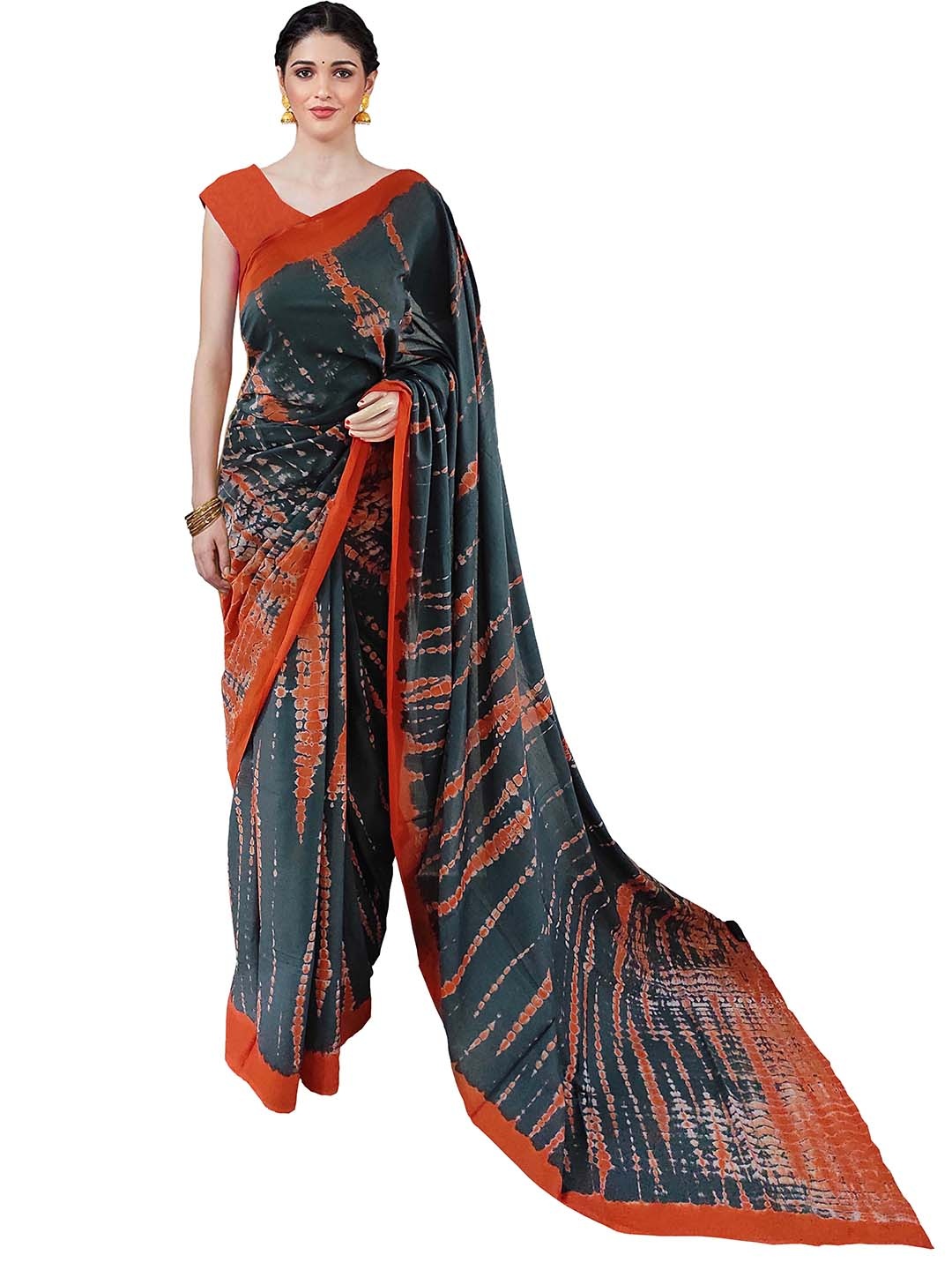 

Sanganeri Print Tie and Dye Pure Cotton Block Print Saree, Orange