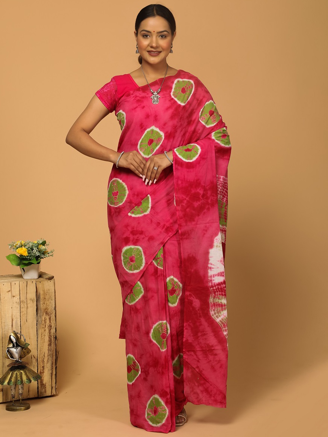 

Sanganeri Print Bandhani Printed Pure Cotton Block Print Saree, Pink