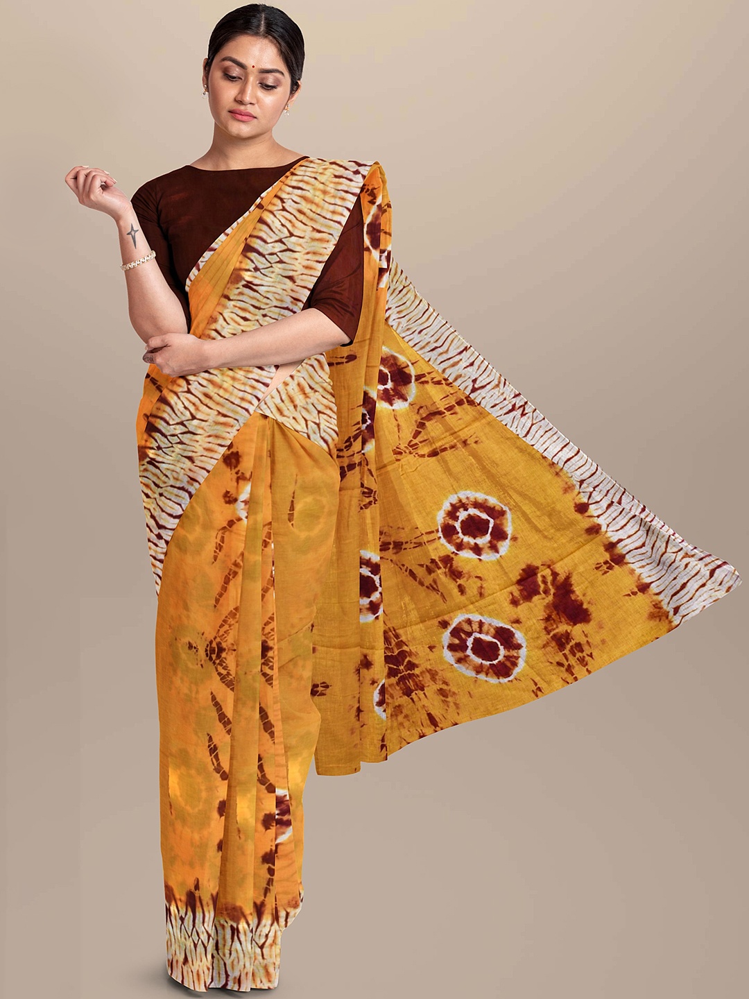 

Sanganeri Print Bandhani Printed Pure Cotton Bagru Saree, Yellow