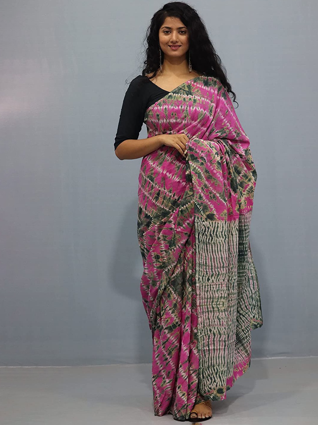 

Sanganeri Print Leheriya Printed Pure Cotton Block Print Saree, Pink