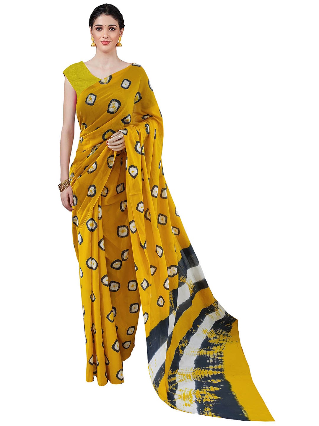 

Sanganeri Print Bandhani Printed Pure Cotton Block Print Saree, Yellow
