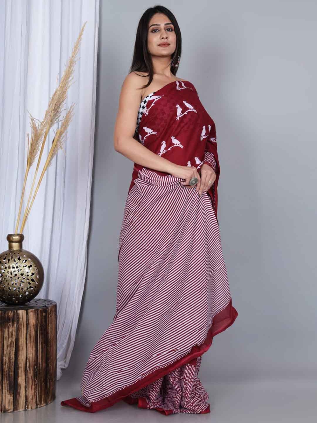 

Sanganeri Print Pure Cotton Block Print Saree, Maroon