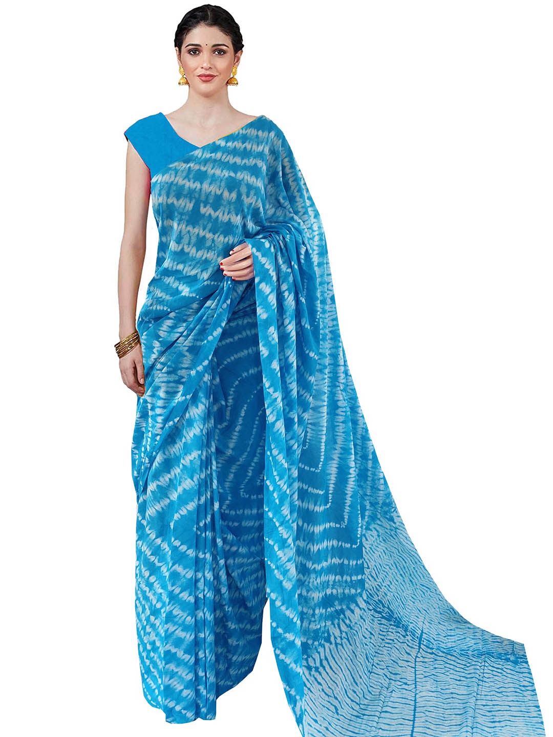 

Sanganeri Print Leheriya Pure Cotton Block Print Saree, Turquoise blue