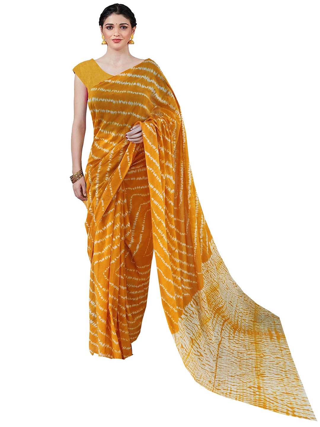 

Sanganeri Print Leheriya Pure Cotton Block Print Saree, Yellow