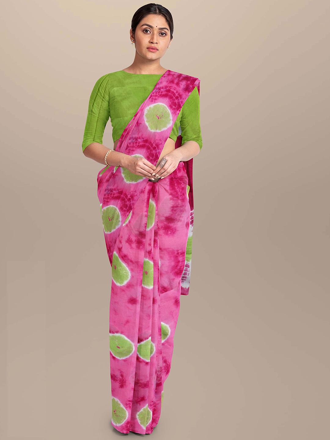 

Sanganeri Print Bandhani Pure Cotton Bagru Saree, Pink