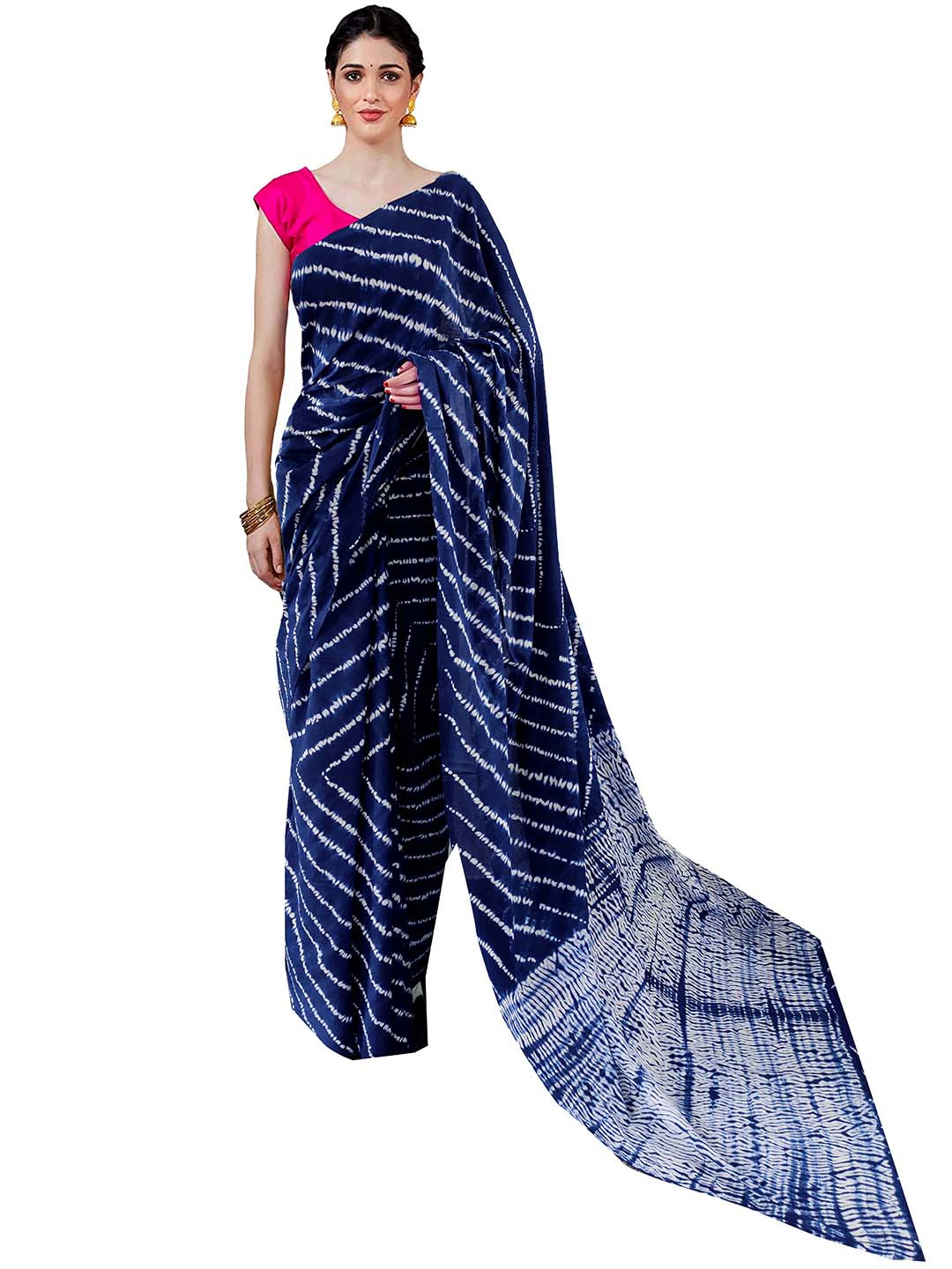 

Sanganeri Print Leheriya Pure Cotton Block Print Saree, Blue