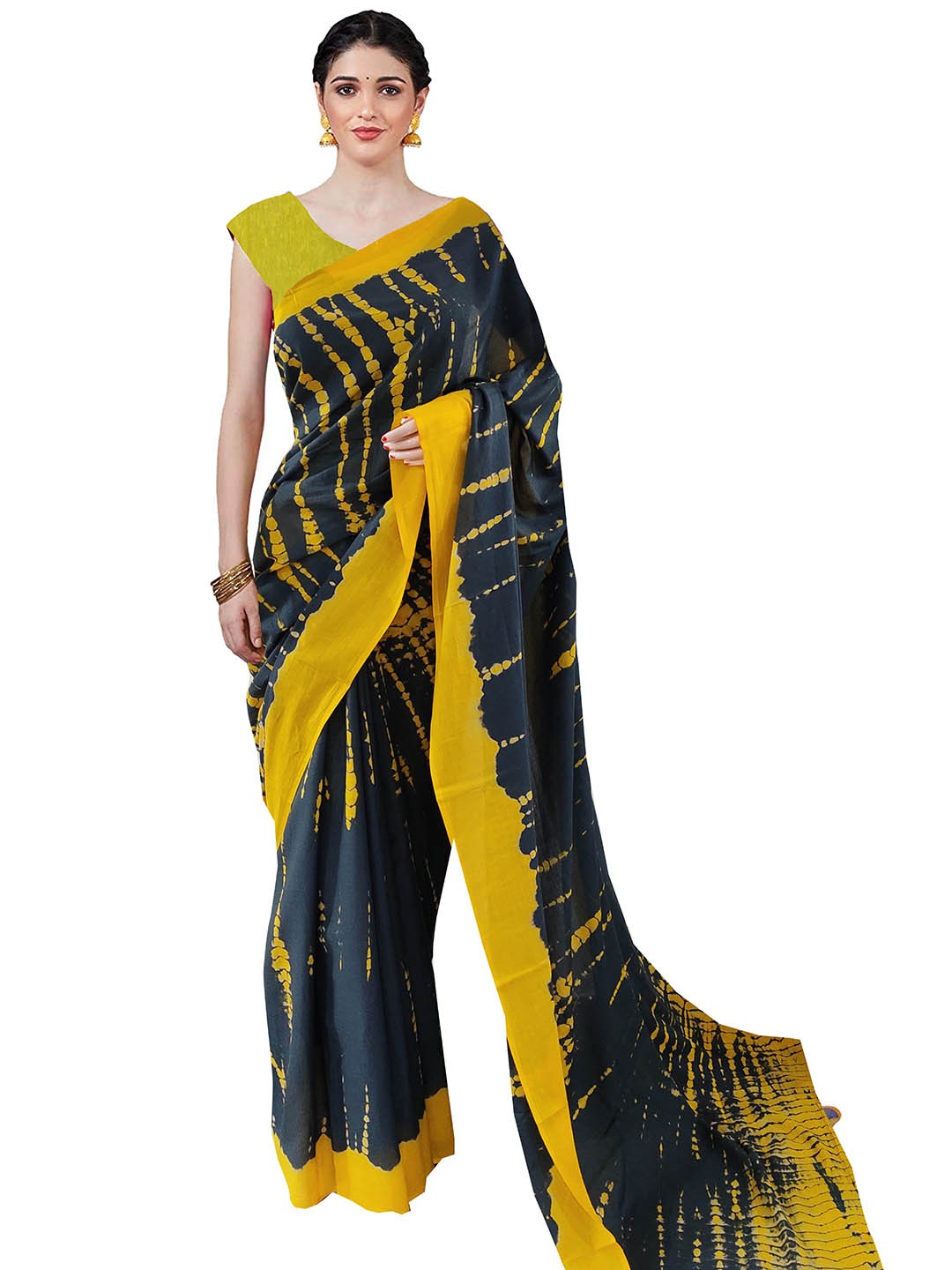 

Sanganeri Print Tie and Dye Pure Cotton Block Print Saree, Yellow