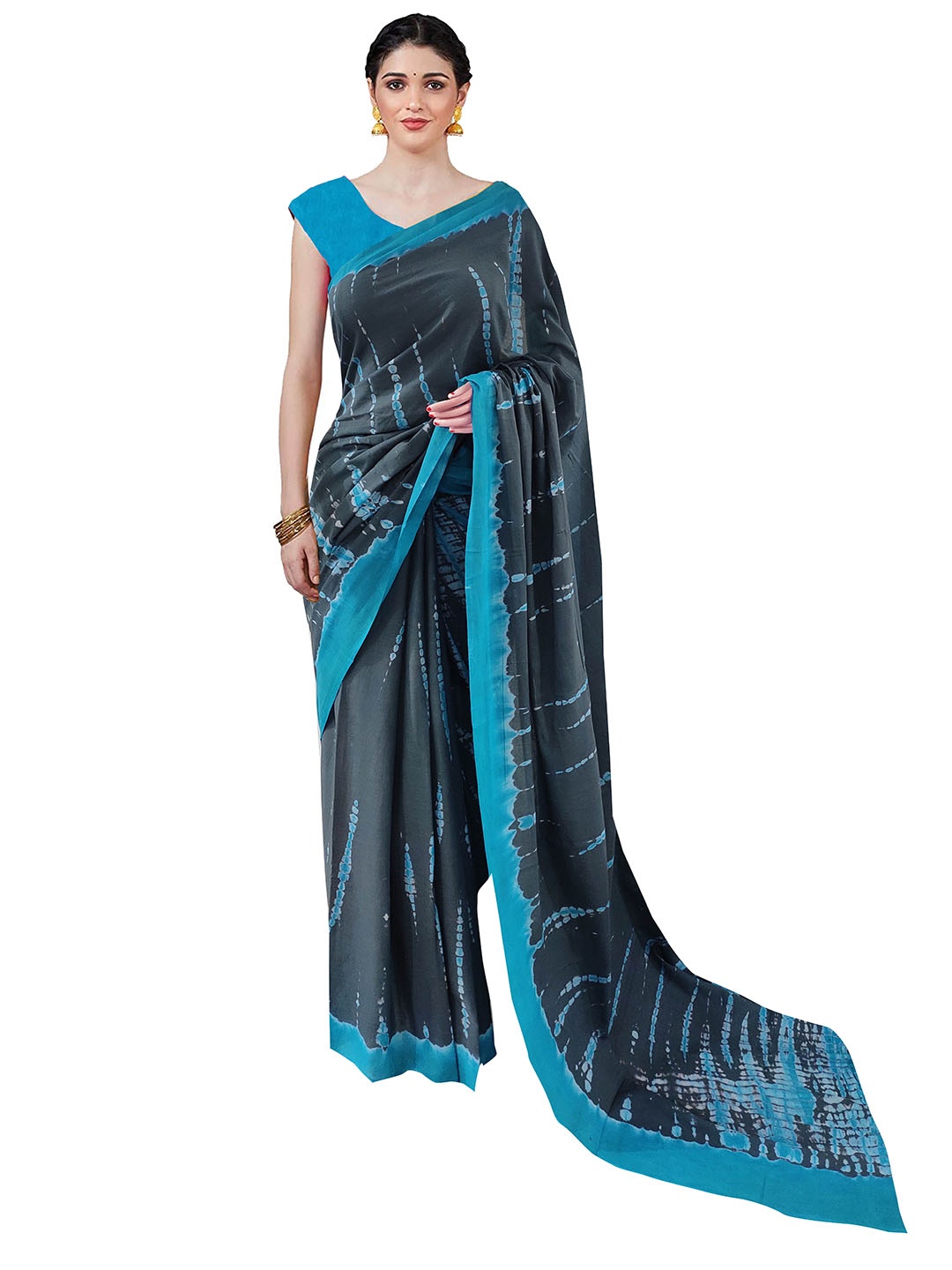 

Sanganeri Print Tie and Dye Pure Cotton Block Print Saree, Grey