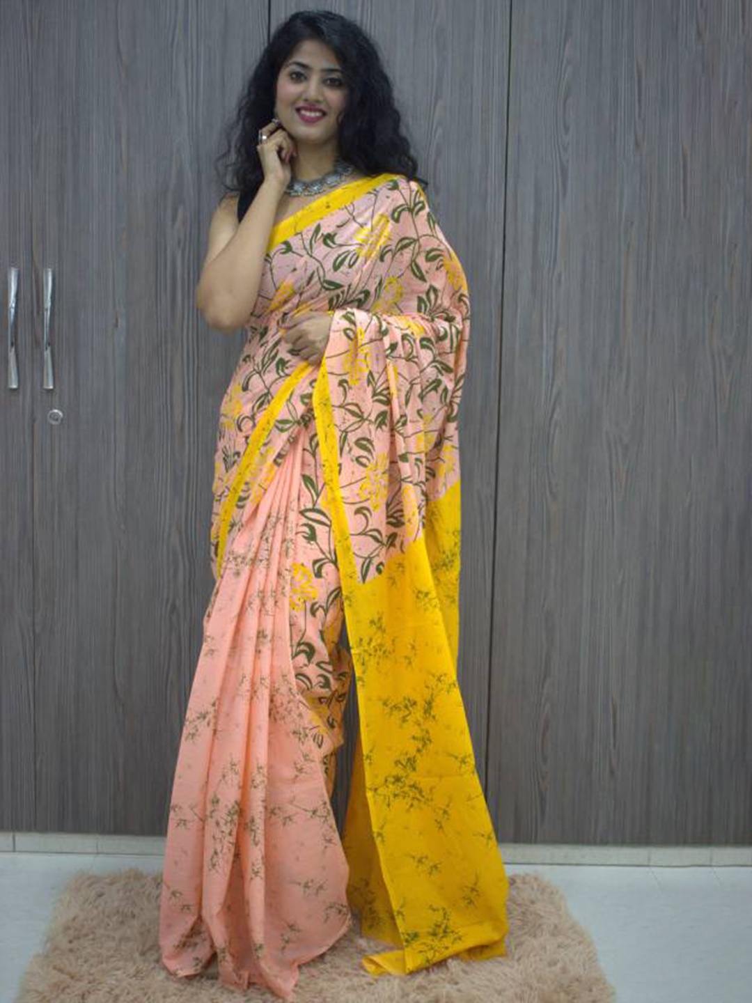 

Sanganeri Print Floral Mulmul Cotton Block Print Saree, Peach