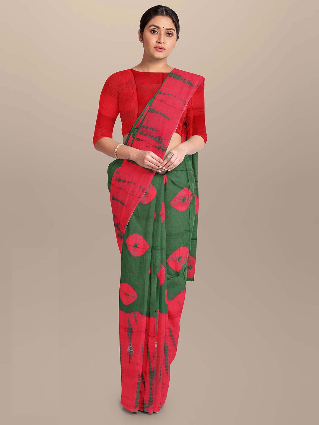 

Sanganeri Print Tie & Die Bandhani Pure Cotton Bagru Saree, Red