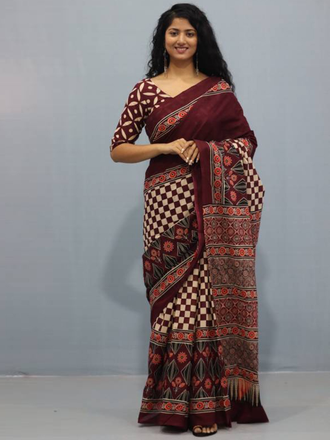 

Sanganeri Print Ethnic Printed Pure Cotton Block Print Saree, Maroon