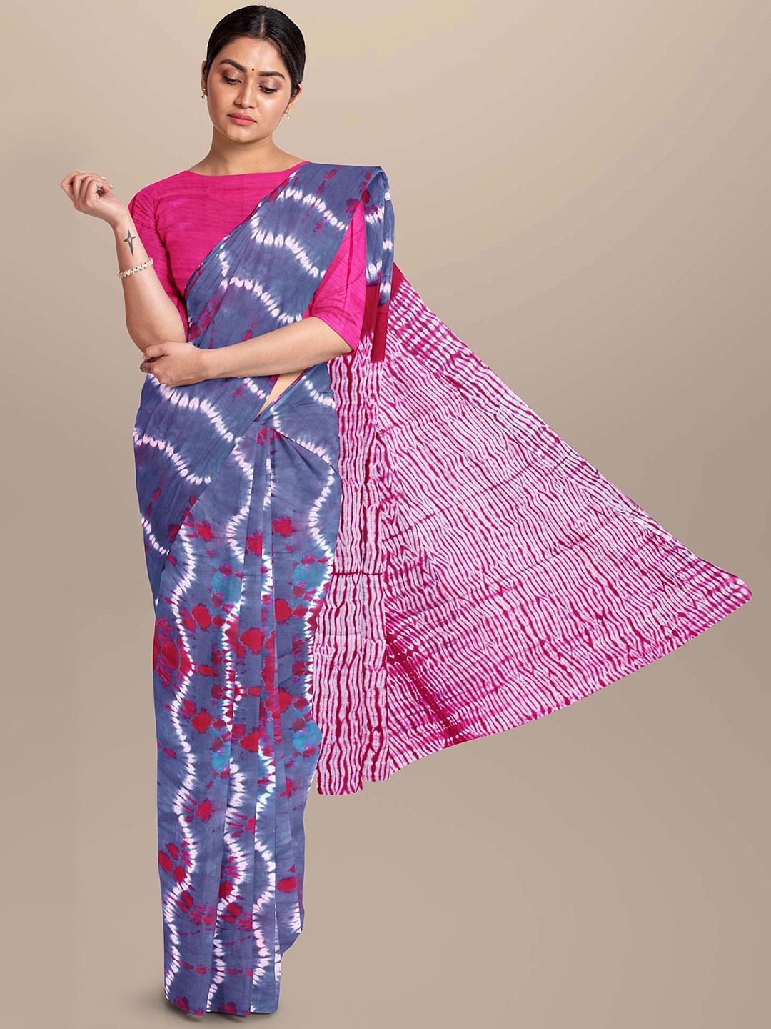 

Sanganeri Print Leheriya Pure Cotton Bagru Saree, Blue