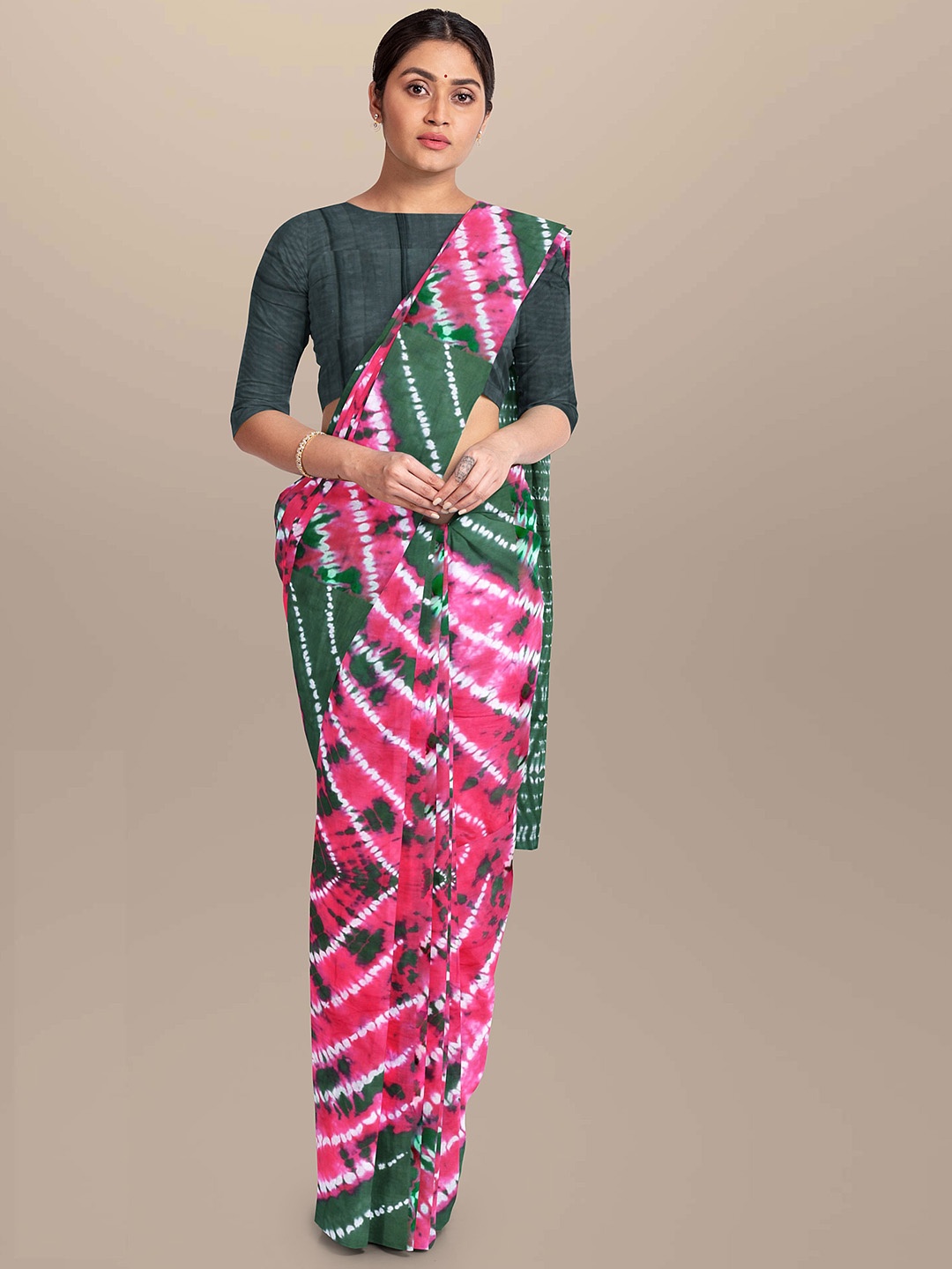 

Sanganeri Print Leheriya Print Pure Cotton Bagru Saree, Pink
