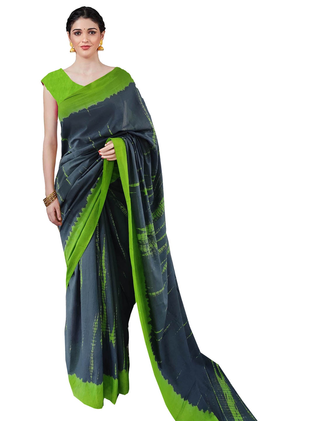 

Sanganeri Print Tie and Dye Pure Cotton Block Print Saree, Green