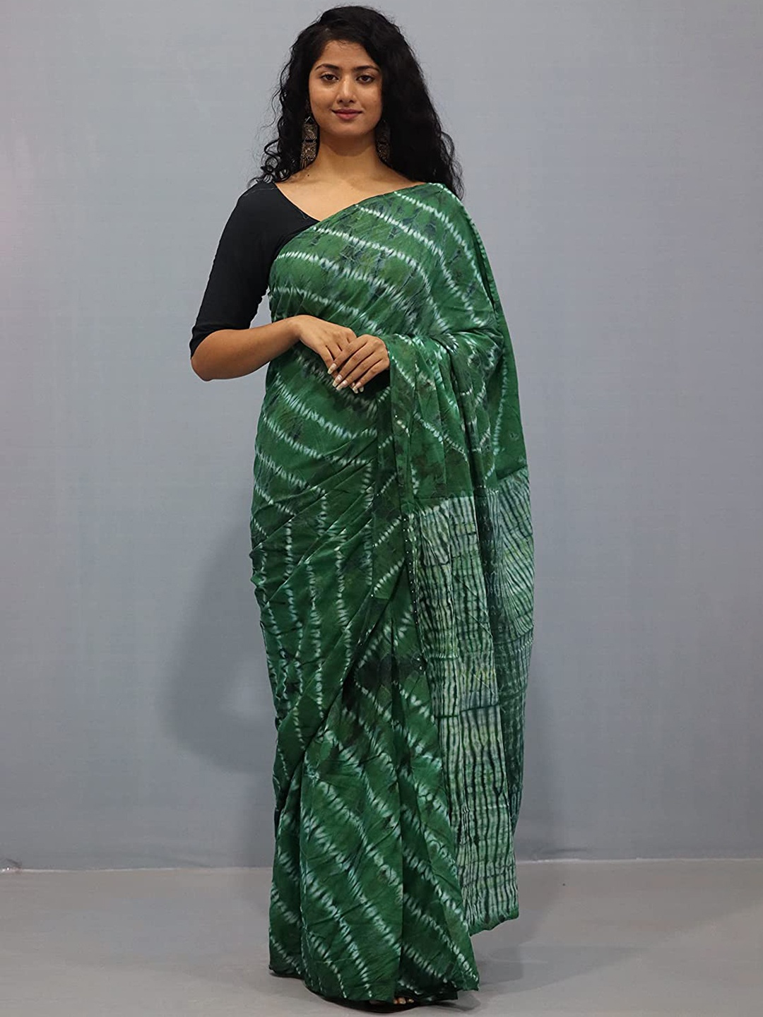 

Sanganeri Print Leheriya Pure Cotton Block Print Saree, Green