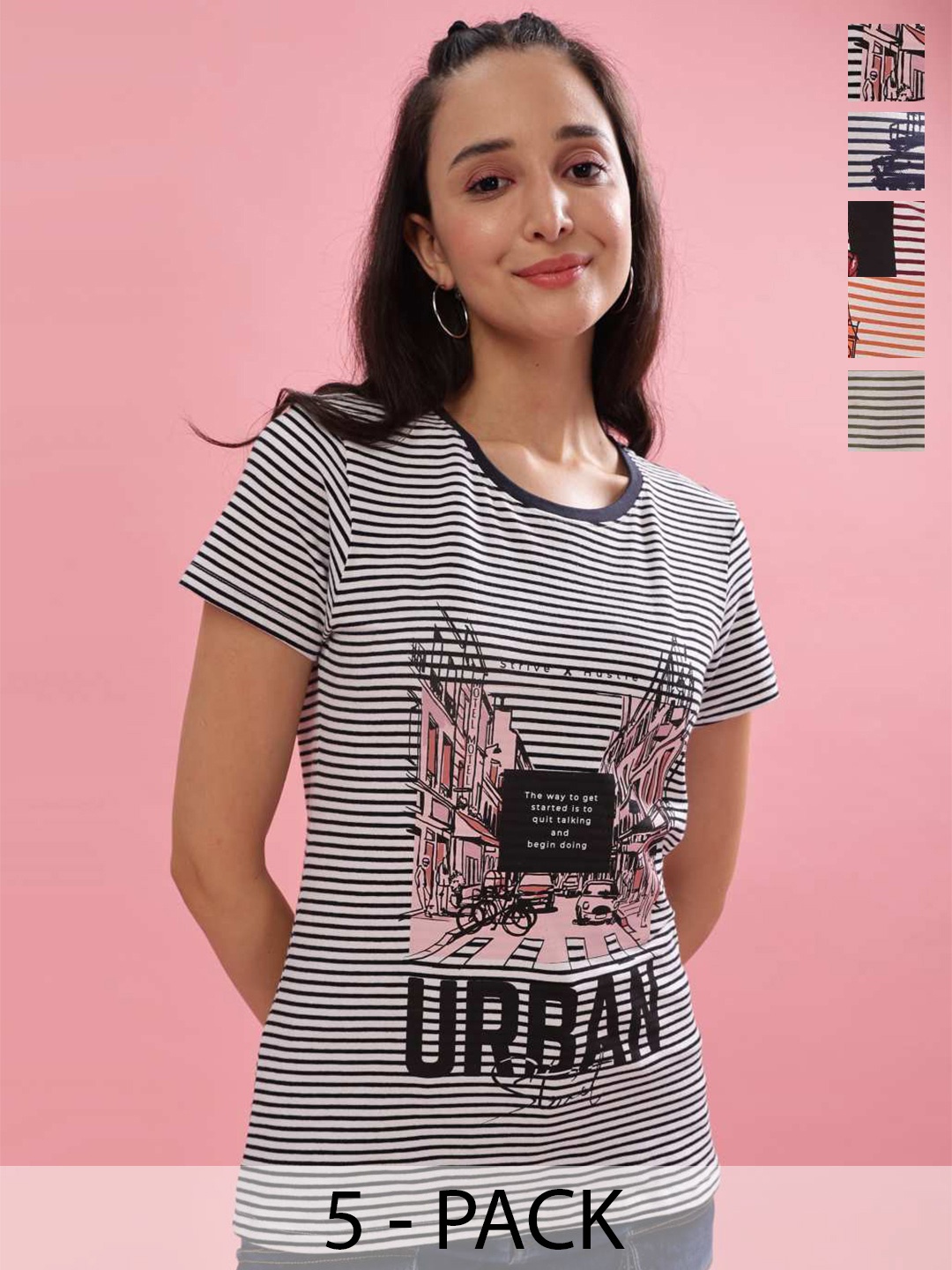

Dollar Pack of 5 Striped Printed Round Neck Cotton T-shirt, Red