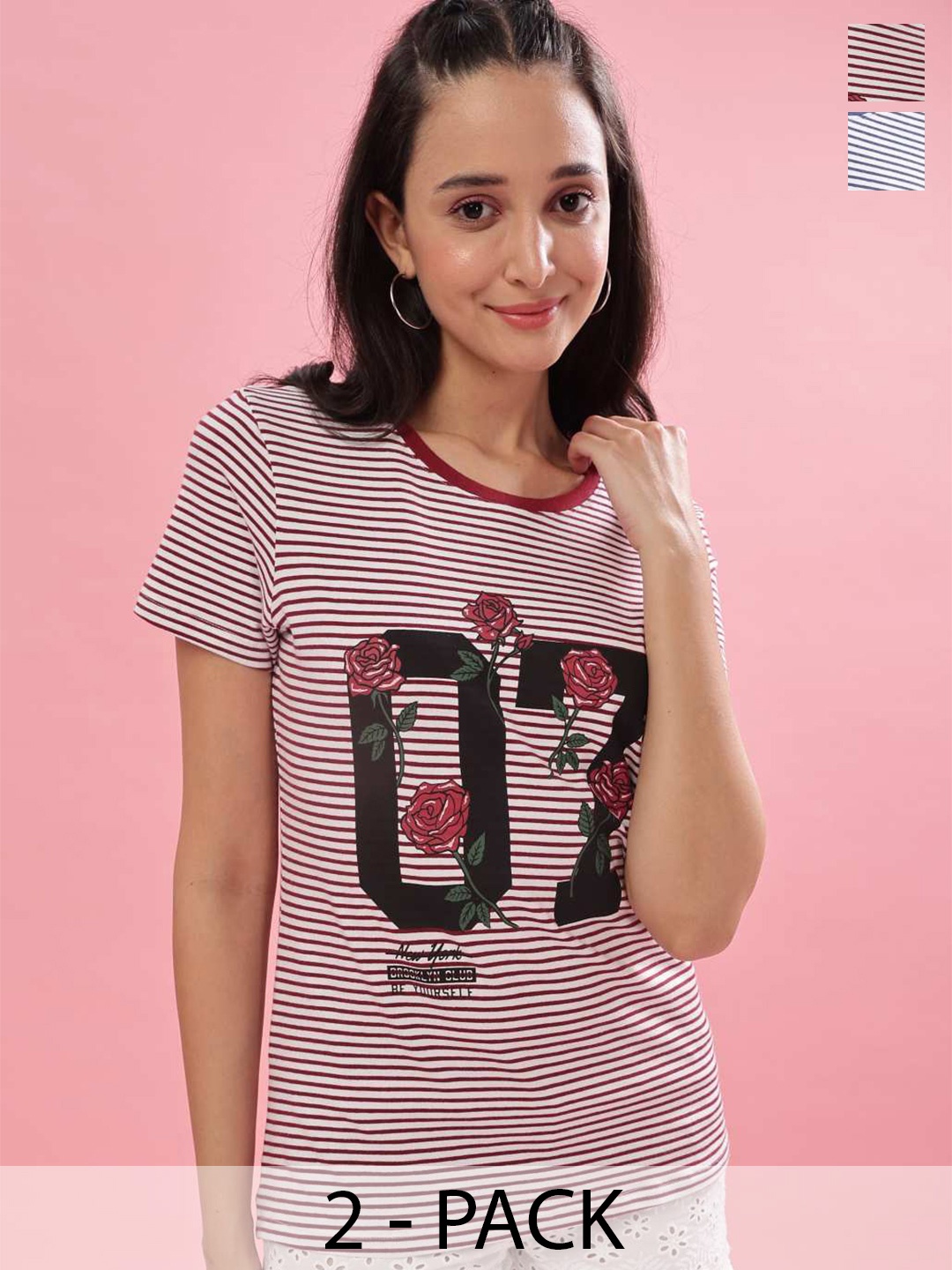 Dollar Pack of 2 Striped Printed Round Neck Cotton T-shirt, Blue