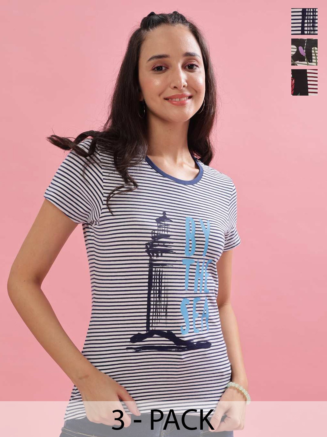 

Dollar Pack of 3 Striped Printed Round Neck Cotton T-shirt, Blue