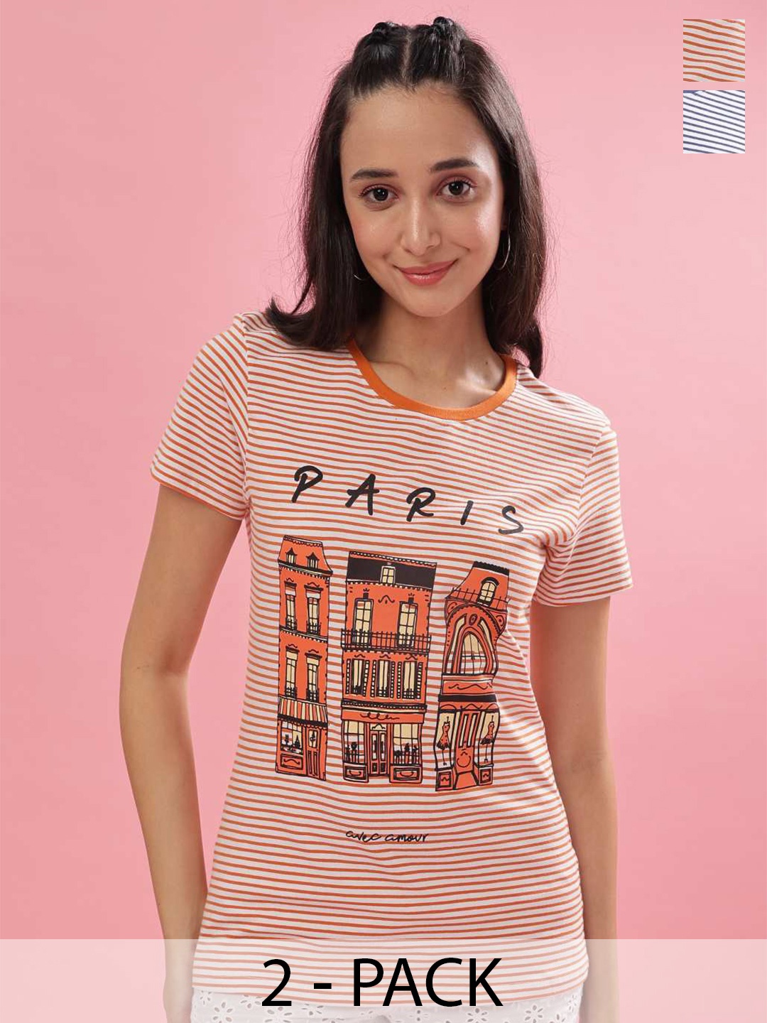 Dollar Pack of 2 Striped Round Neck Short Sleeves T-shirt, Orange