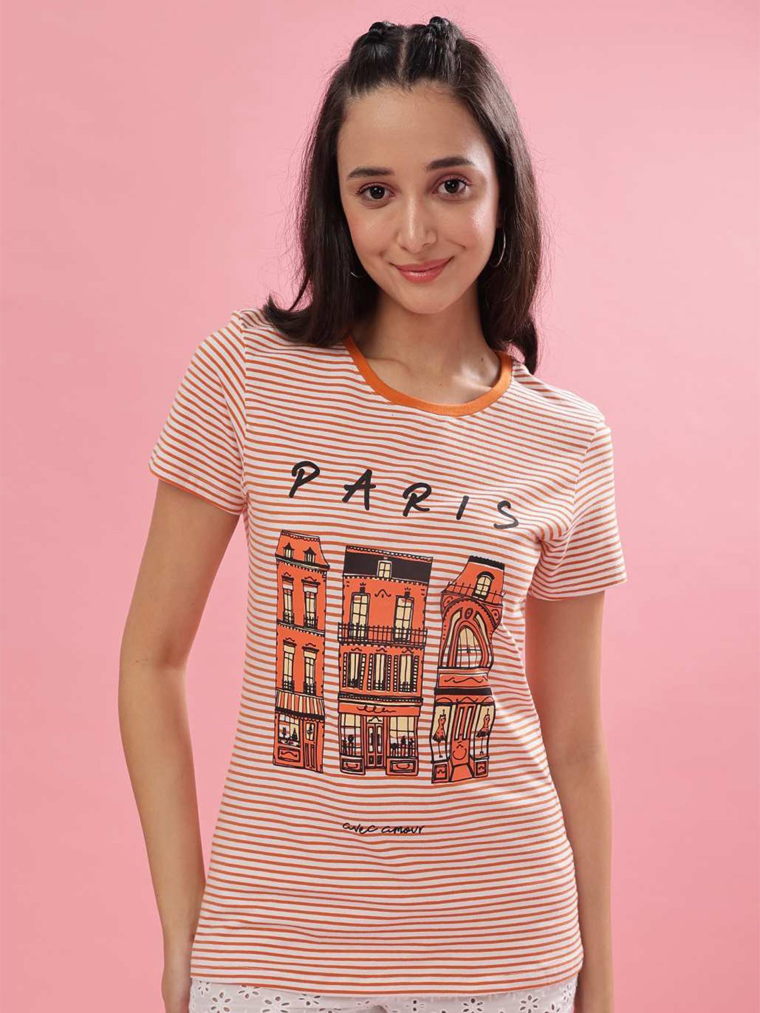

Dollar Striped Round Neck Short Sleeves T-shirt, Orange